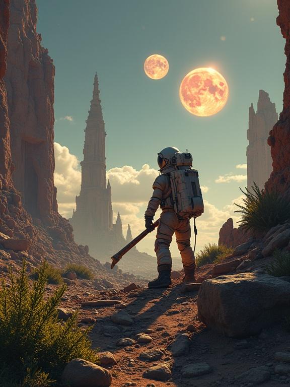 Astronaut excavates in ancient alien city ruins. Careful with translucent artifacts projecting holograms. Sky displays three colorful suns. Massive partially destroyed structures rise high, some float. Alien vegetation reclaims ruins with bioluminescent plants creating light patterns.