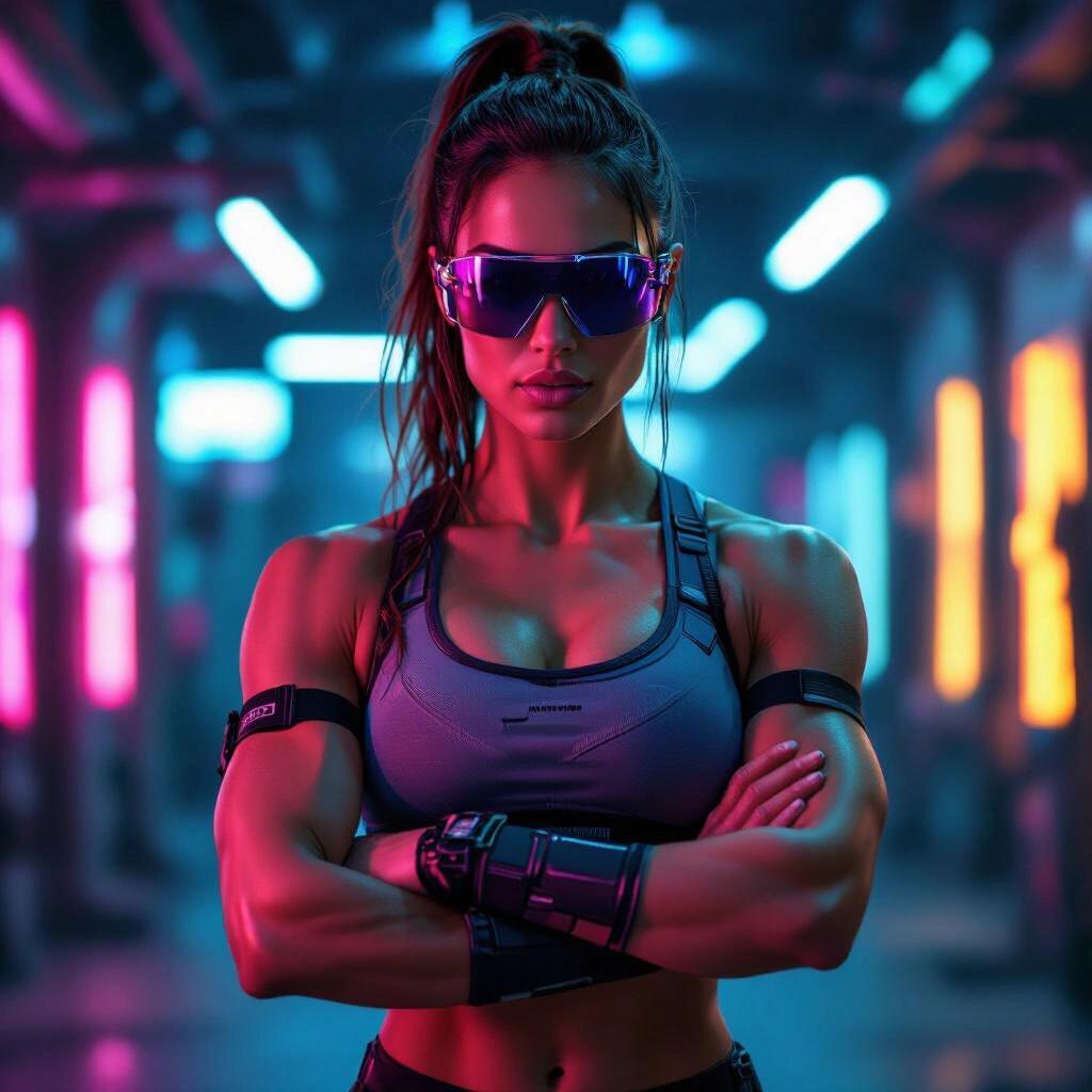 Female cyberpunk model with muscular physique stands confidently with arms crossed. She wears a futuristic workout outfit with sunglasses. The setting has dark neon lights creating a dramatic atmosphere.