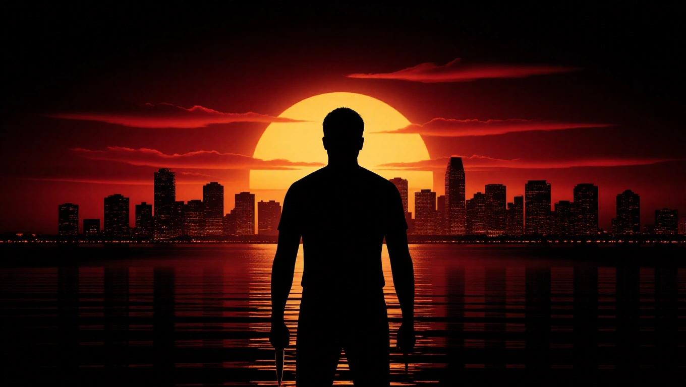 Silhouette of a figure stands with a knife against a dark Miami cityscape sunset. Background features skyline silhouettes with an orange glow from the setting sun.