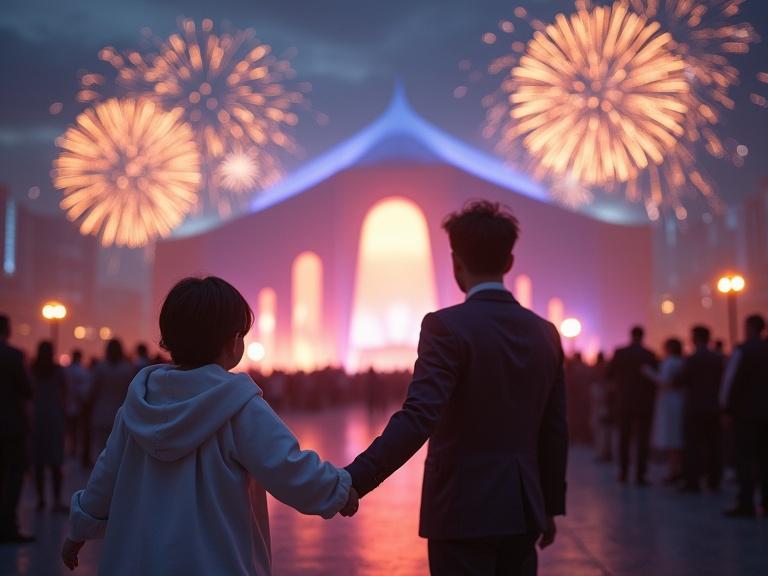 Over-the-shoulder view of a young child wearing a white outfit. The child is holding hands with a man dressed as a host. They are in front of a large building where a big event is being held. The sky is filled with fireworks. The scene conveys excitement and wonder.