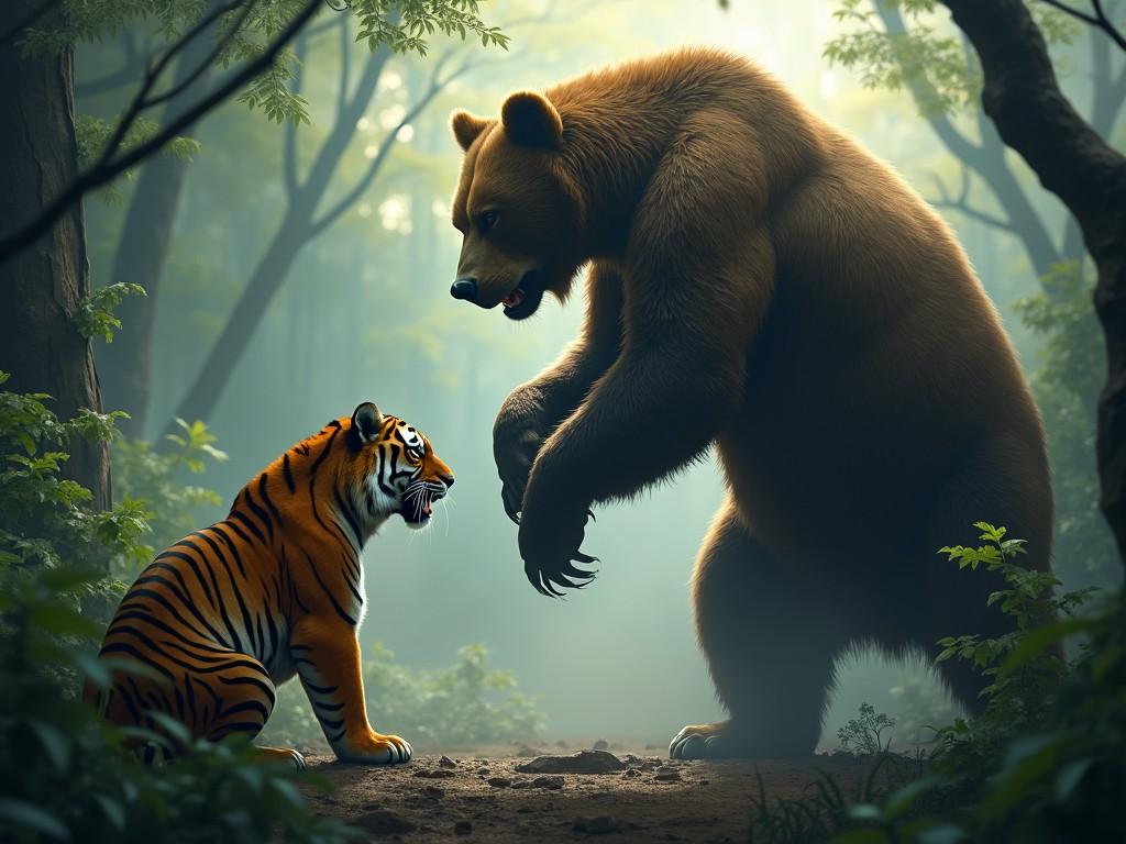 In a dense rainforest, a powerful tiger crouches low, its striped fur merging with the jungle shadows. It watches intently as an enormous bear stands on its hind legs, roaring back defiantly. The tiger's narrow, piercing eyes reveal its readiness to spring into action, muscles coiled. The bear, towering and massive, raises its large paws, prepared to strike. The humid atmosphere is thick with mist, and dappled light filters through the lush trees, heightening the tension between these two apex predators.