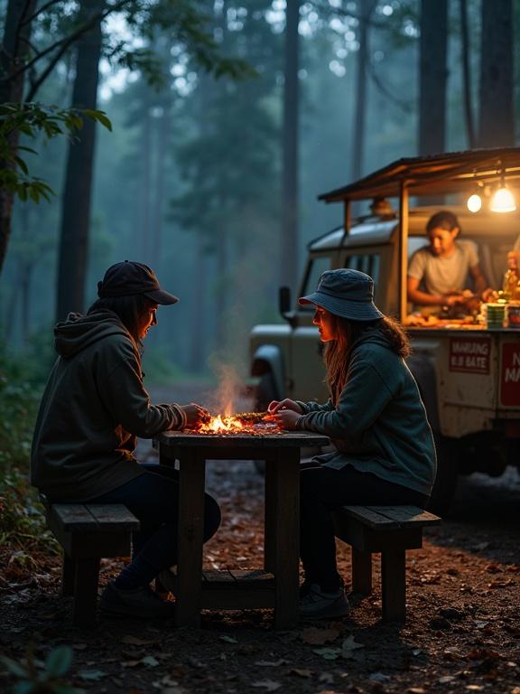 In a misty teak forest at dusk, a mother and her daughter sit at a wooden bench. They share grilled goat satay made by a street vendor. The vendor prepares food using a cart labeled 'Warung Sate si Mamang.' Nearby, an old Land Rover Defender is parked. The vendor wears an apron and headlamp while grilling. The daughter wears a hoodie and sneakers, and the mother has on a rugged jacket and hat. Lanterns and embers create a moody atmosphere. The image captures a nostalgic, intimate moment.