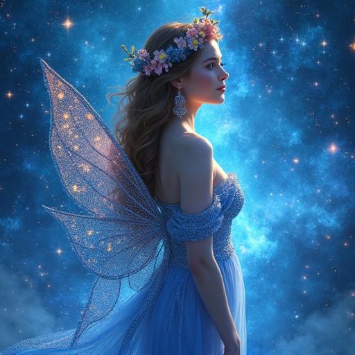 Design ethereal guardian of the stars with shimmering galaxy wings and constellations forming crown surrounded by swirling nebulas. Hyper-realistic digital painting of woman with shimmering blue sequins adorned with flowers in hair and intricate earrings. Exude magical and ethereal aura focusing on textures in fantasy setting.