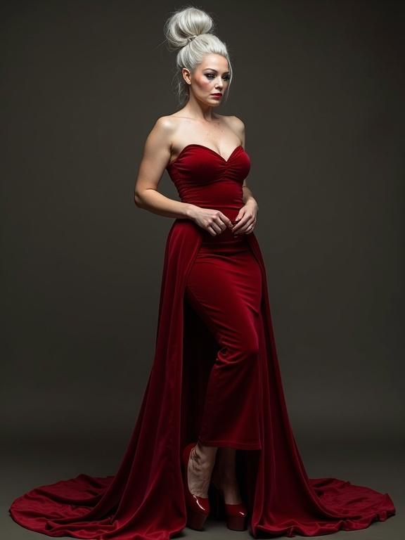 A confident woman with silver hair in a high bun wearing a tight red velvet dress. The dress has a long train. She stands tall in stiletto heels. Pale skin and freckles add to her mature elegance. The background is dark, highlighting the gown.