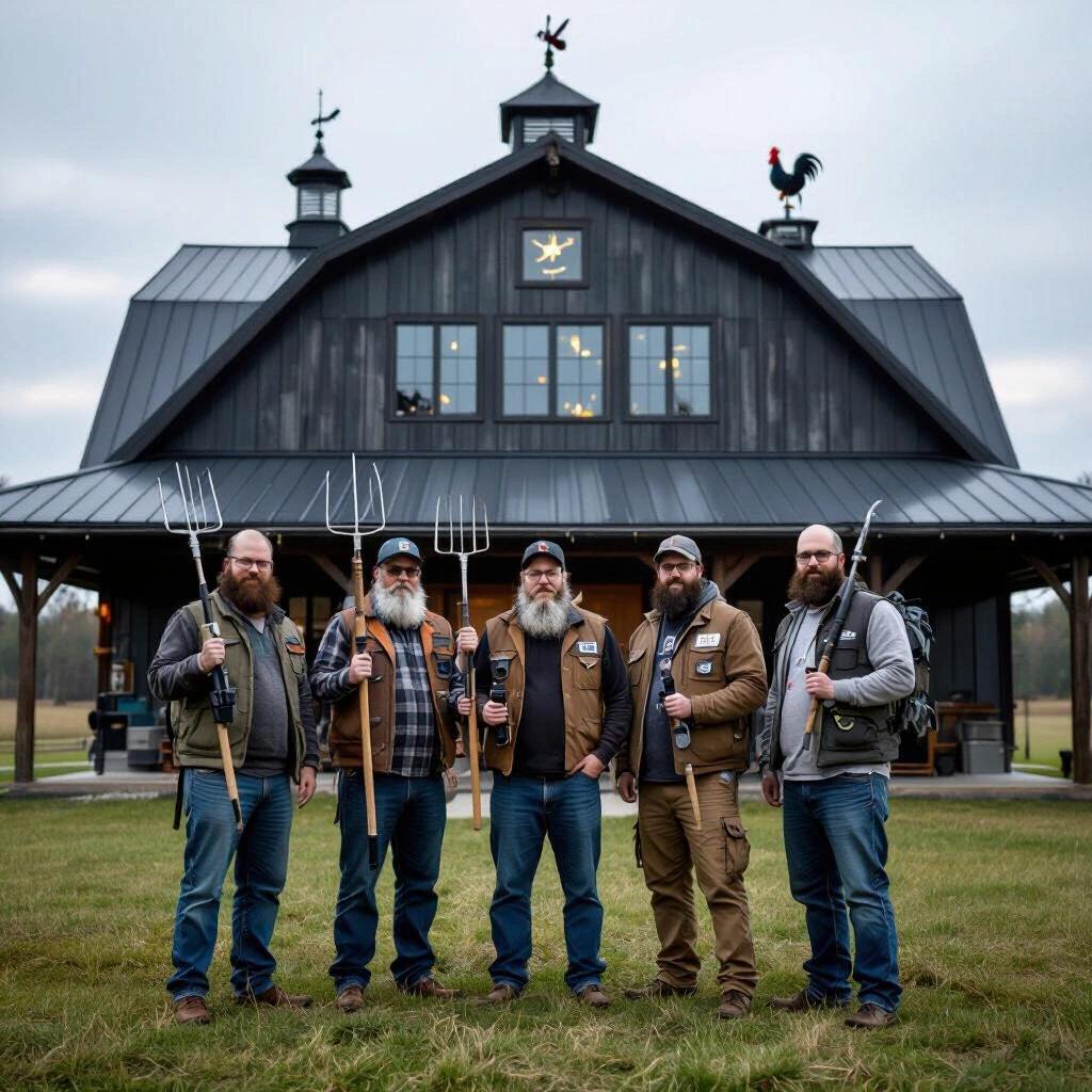 Group of ham radio operator nerds stands in front of a modern hip roof barn. They hold pitchforks and walkie talkies. The barn features glass lightning rods and rooster weather vanes. It has a gray color and is set in a grassy field.