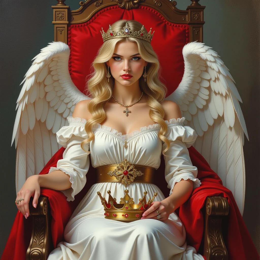 A female angel with blonde hair sits on a throne. The angel has a serious expression. She holds a crown in her lap. Red cloths adorn the throne. The style is detailed and regal.