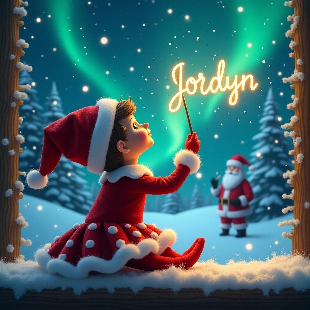 Enchanting Christmas scene with girl in red polka dotted skirt. The elf sits with back to us, gazing upwards. It uses a wand to write 'Jordyn' in the sky. Background features northern lights and distant Santa Claus. Snow blankets the ground, creating winter wonderland atmosphere. Captures holiday joy and wonder.