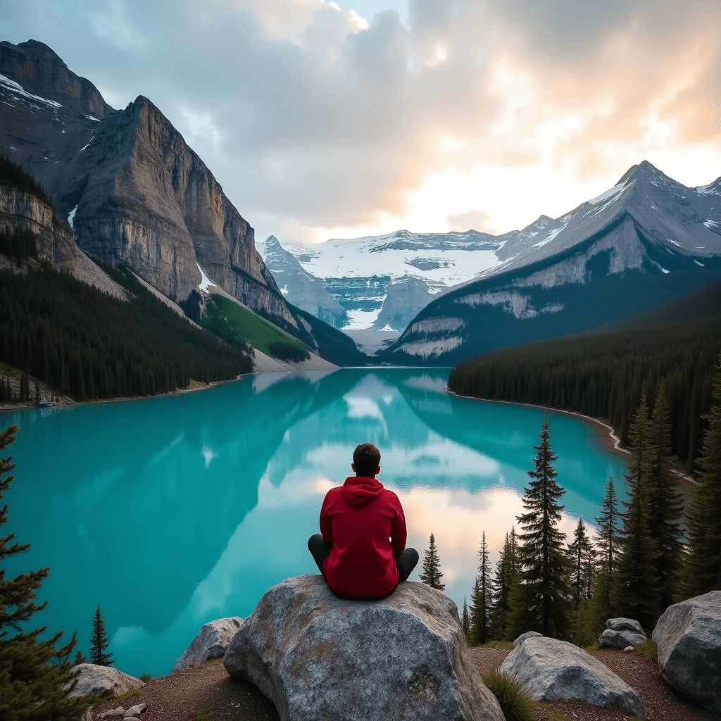 A person in a red jacket sits on a rock, gazing at a pristine turquoise lake surrounded by majestic mountains.