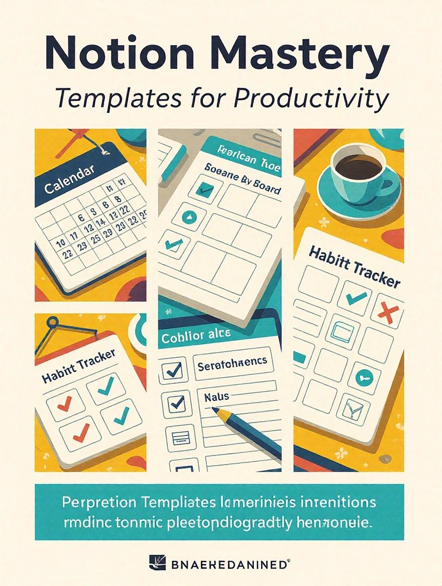 E-book cover titled Notion Mastery: Templates for Productivity. Visual collage showcasing different types of templates like a calendar, kanban board, and habit tracker with checkmarks. Design emphasizes practical applications of the templates. Title is clearly displayed. Rendering style is realistic or semi-realistic, graphic design elements included.