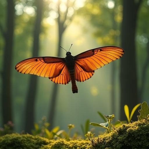 A butterfly is captured mid-flight in a lush forest setting. The scene is filled with soft light filtering through the trees, creating a serene atmosphere. The butterfly features vibrant orange wings and delicate body, surrounded by green foliage.