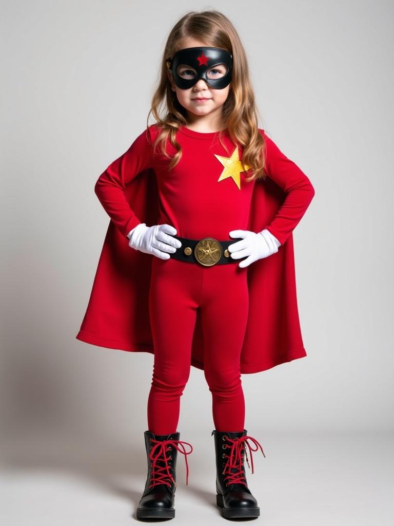 Young girl dressed in a superhero costume. She wears red tights and a matching cape featuring a yellow star. Accessories include a black belt and domino mask, complemented by white gloves and black boots with red laces.