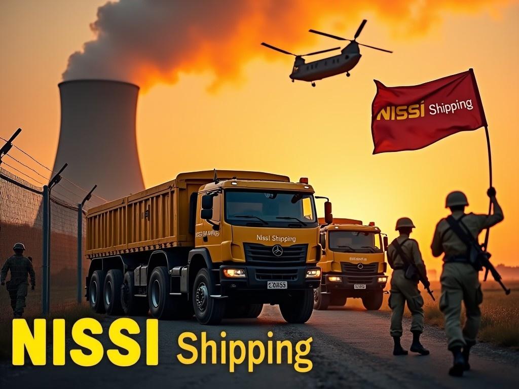 In a dramatic scene, multiple yellow armored trucks adorned with the Nissi Shipping logo approach a fence. Soldiers with rifles march in unison nearby, while one stands tall, holding a flag that features the Nissi Shipping logo. The background highlights a nuclear power plant, adding an industrial feel. A large Chinook cargo helicopter flies above, amplifying the scene's intensity. The sky is a vibrant orange from the fiery sunset, enhancing the dramatic atmosphere. The bottom of the image shows the Nissi Shipping logo in bold yellow.