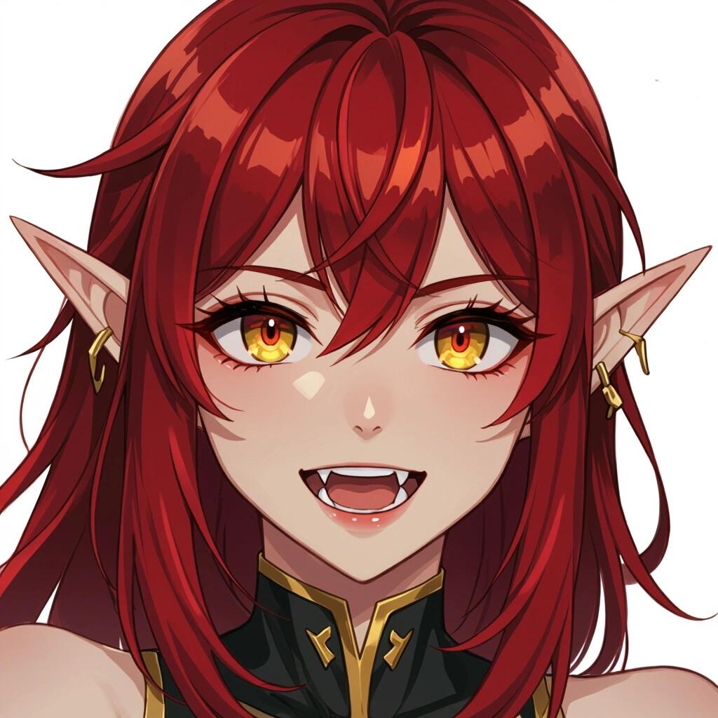 Close-up view of an anime-style elf with crimson red skin and golden eyes. Brown hair with bangs. Slightly open mouth showing sharp teeth.