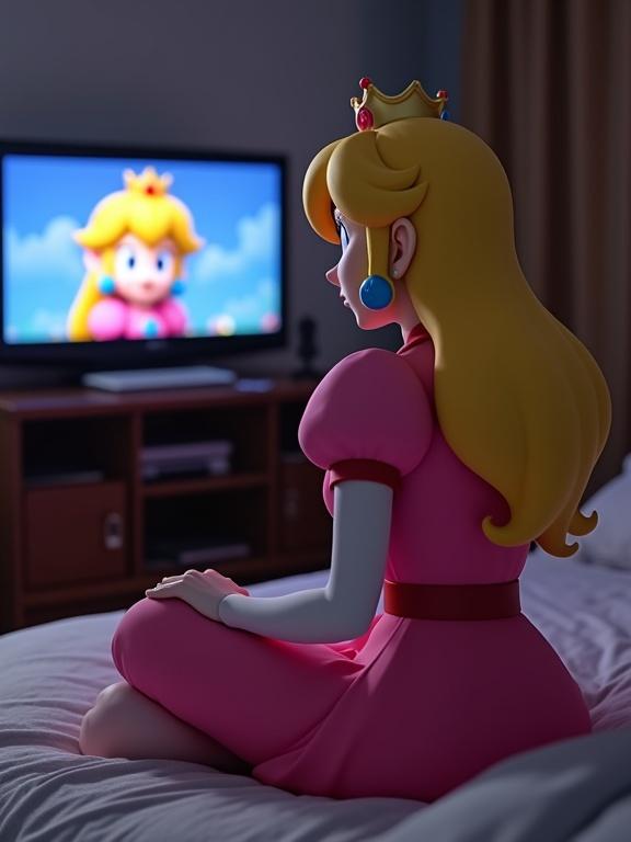 4K photo of Princess Peach from Mario playing her character on a Nintendo Switch connected to a TV in a dimly lit bedroom. TV displays a Mario-style Peach, smiling. Peach sits cross-legged on the floor, in a realistic style, wearing a pink dress, with blonde hair and a crown. She turns back toward the camera, smiling softly. Slightly overexposed image taken with iPhone 15, showing contrast between animated screen and realistic photo.