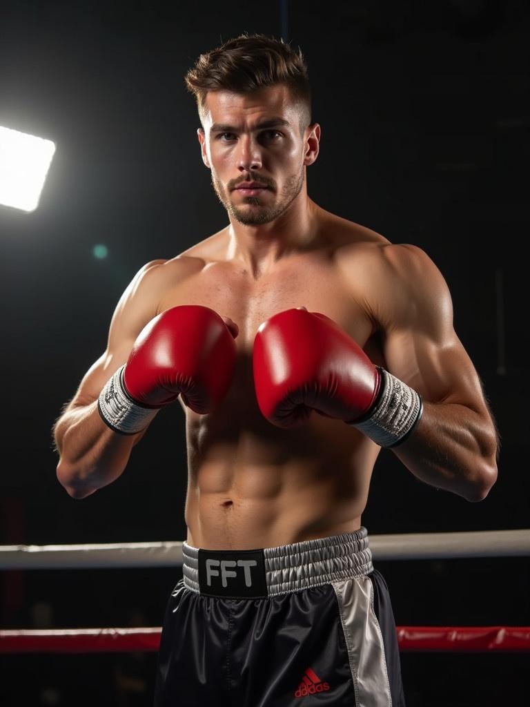 Male boxer wearing red boxing gloves in a boxing ring. The athlete showcases a strong physique. The setting has dramatic lighting and emphasizes strength and readiness for sport.