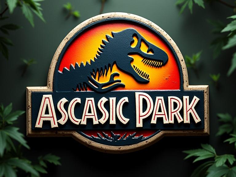 Logo features title ASCASIC PARK in a serif font resembling Jurassic Park. Incorporates tagline emphasizing adventure with ceramics. Colors include black, red, yellow with a jungle background of dark greens. Dramatic lighting creates shadows and highlights textures.
