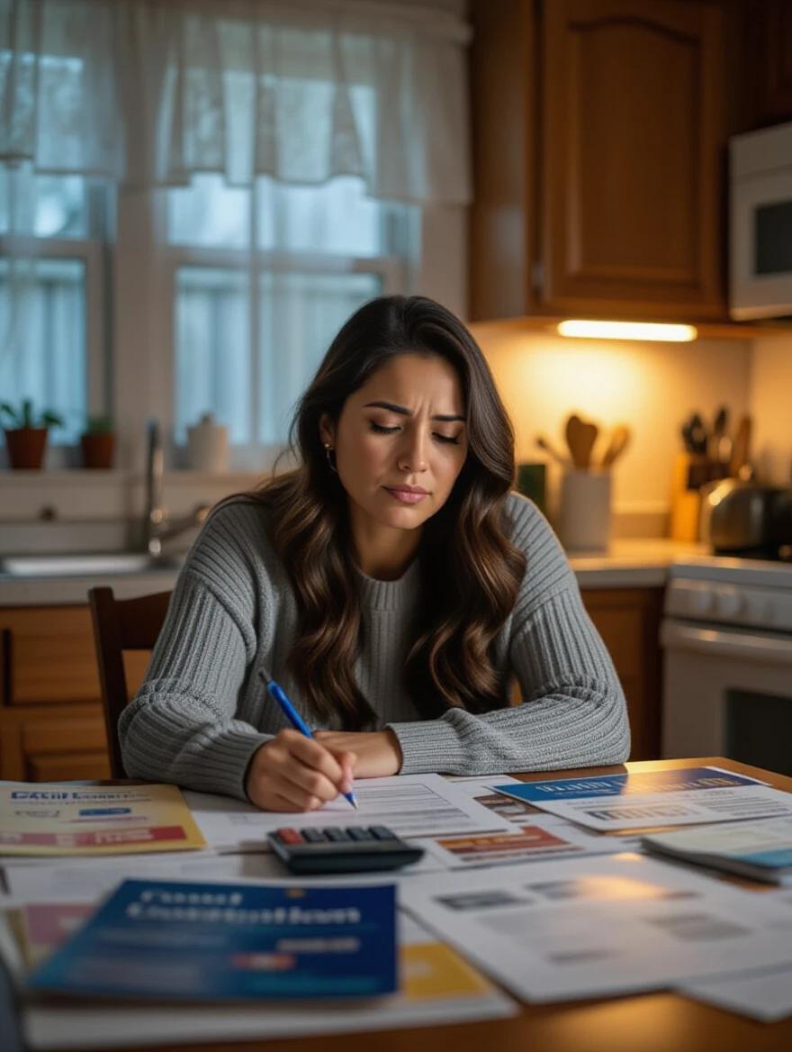 A tired but hopeful Latin American mother in her late 30s sits at a small kitchen table. The table is covered with college brochures bills and a calculator. It is nighttime and warm kitchen light softly illuminates the scene. She looks at a photo of her teenage son in graduation attire. The background shows a modest home. The atmosphere suggests financial struggles. The image has cinematic lighting and a shallow depth of field.