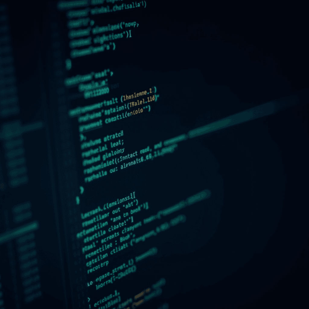 A close-up view of colorful code on a dark computer screen display, illustrating programming or software development.