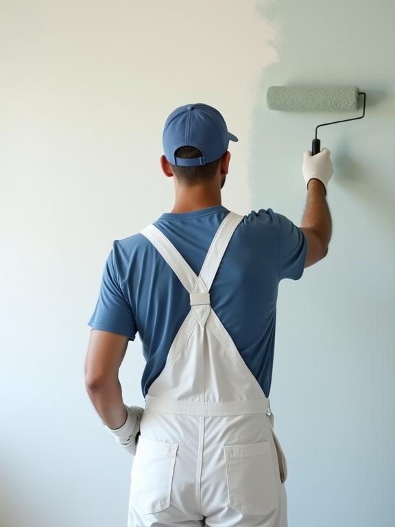 Back view of painter in white dungarees and blue t-shirt painting a wall using a paint roller. Scene has good lighting and ample copy space.