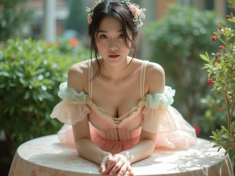 Full body shot of a lady in a pastel-colored frilly outfit on all fours on a table facing the camera. Outfit has corset top with lace and frills in pink, cream, mint green with sweetheart neckline. Hair tied beautifully. Pale pink stockings and rose embroidery garter belts. Soft indoor light creates a pleasing effect on the subject. Surrounding greenery adds a lush feel.