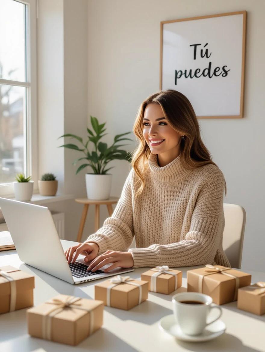 Woman setting up an online store on a laptop. Surrounded by small packages and a cup of coffee. Motivational quote on the wall reads 'Tú puedes.' Bright daylight from the window. Clean desk space. Inspirational composition.