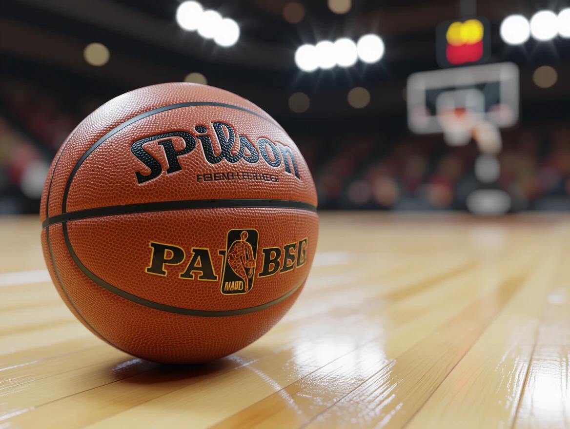 Close-up shot of a realistic textured basketball displayed prominently on a polished wooden floor. Soft blurred background features an indoor basketball court. The lighting is warm with a cinematic effect. The ball shows clear detail on its surface with visible branding and panel lines. A shallow depth of field emphasizes the basketball while maintaining a soft focus on the court.