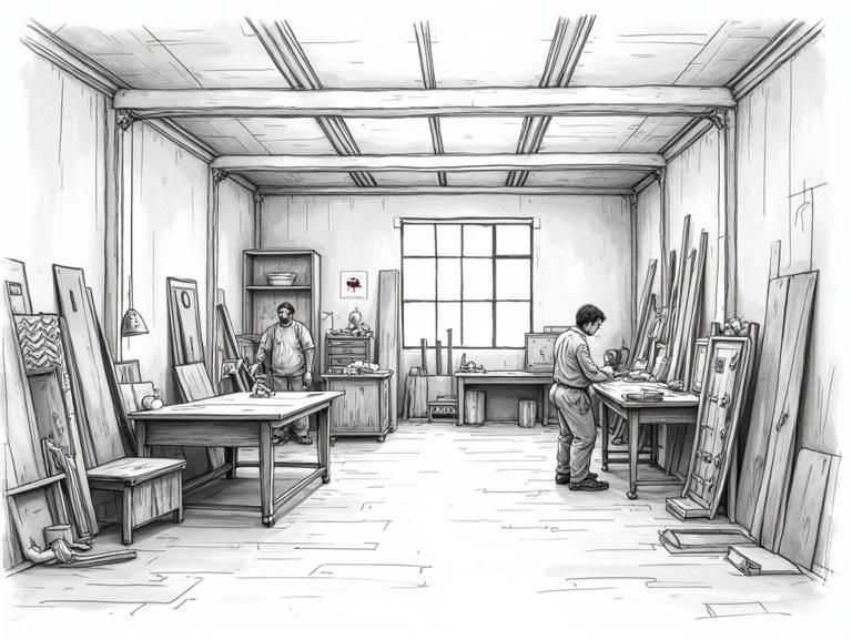 Scribble sketch of an interior design factory where carpenters work on wooden projects. Long shot of the workspace. Simple art style with minimal details. White background and black ink.