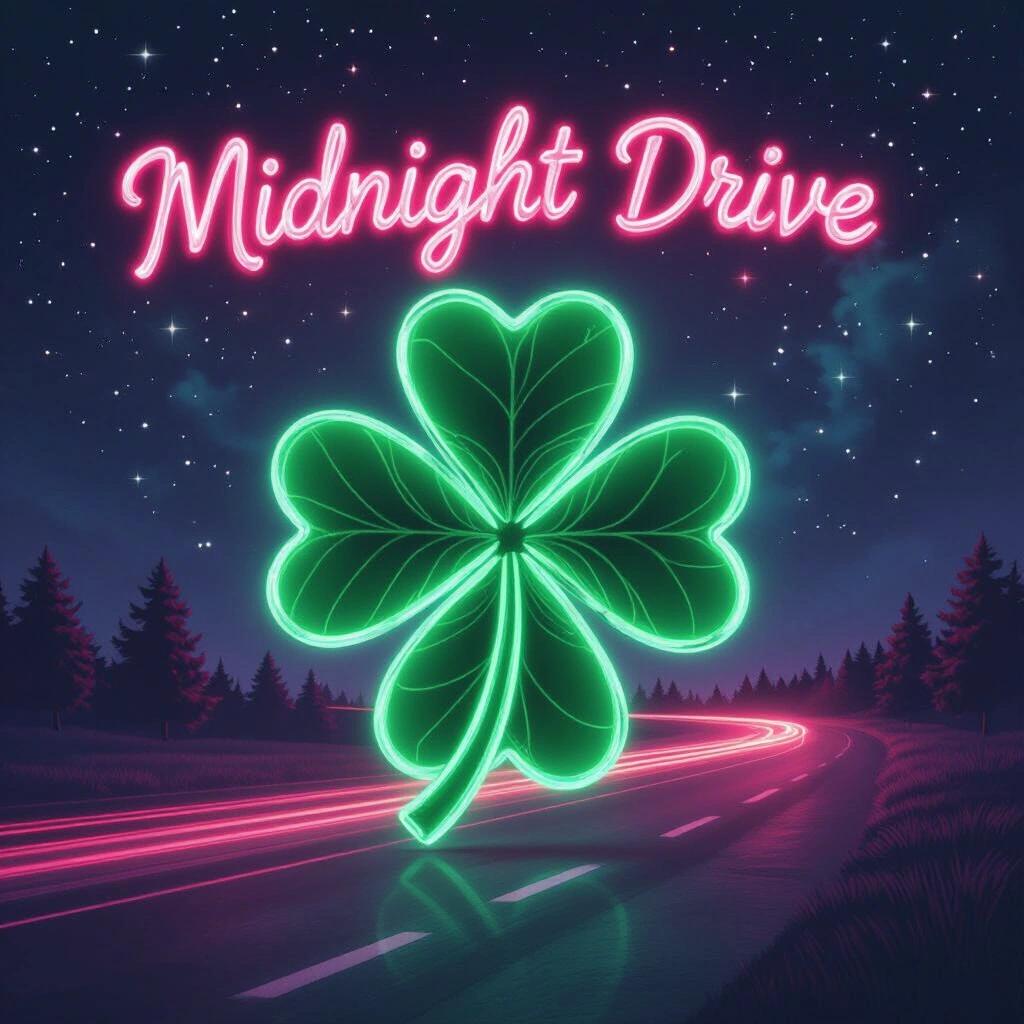 A neon-themed artistic representation featuring a luxury sports car under colorful lights. The text Midnight Drive glows prominently above the car.