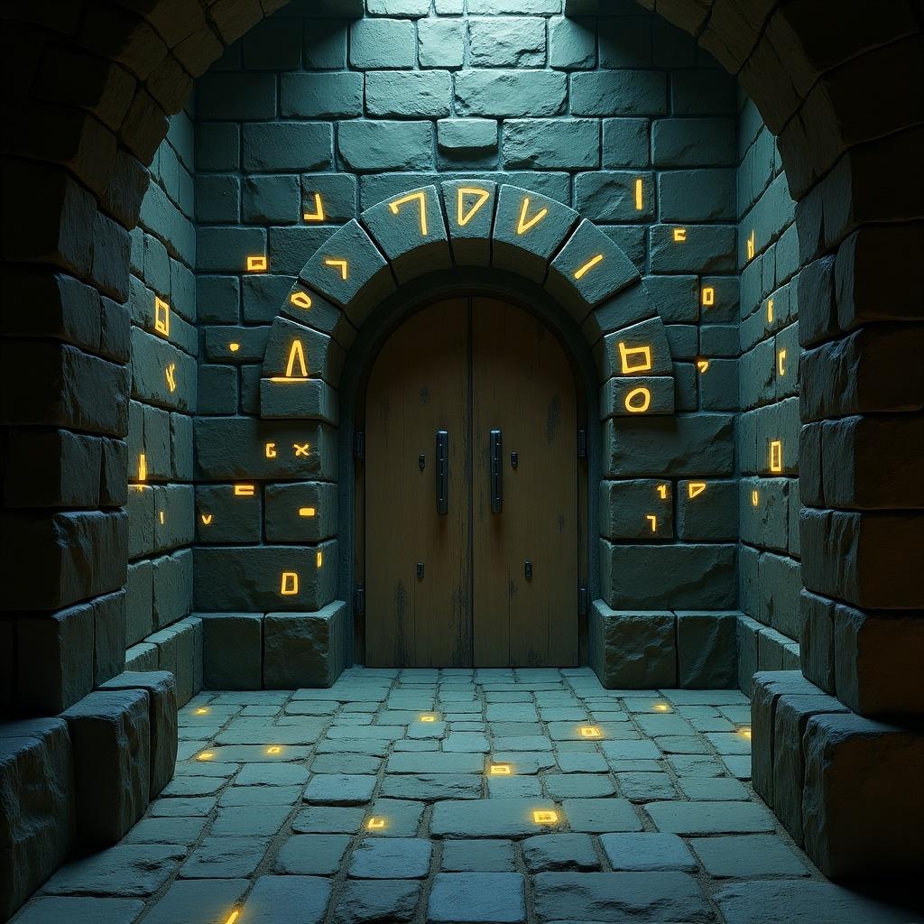 A dimly lit corridor with glowing glyphs on stone walls. A sturdy wooden door stands at the end of the passage. There is a sense of mystery and the need to solve a puzzle.