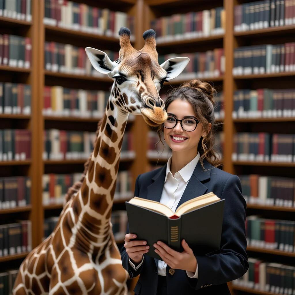 A librarian reading a book at a library with a giraffe beside her. The scene is set in a vast library filled with bookshelves. The giraffe has a curious expression looking at the book. The librarian wears a formal outfit and is focused on reading. The library has a warm inviting atmosphere with wood accents.