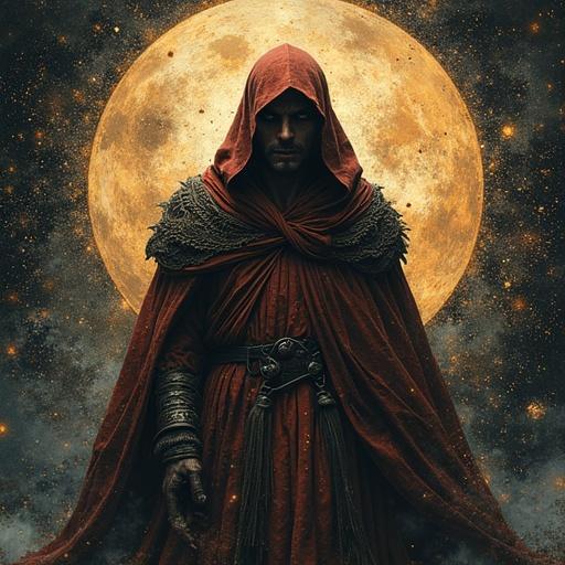 Cloaked figure representing the trickster archetype described by Carl Jung, standing against a glowing full moon. The figure is male, wearing a hooded cape, with intricate details on clothing and accessories. A dark and mystical atmosphere surrounds the scene.
