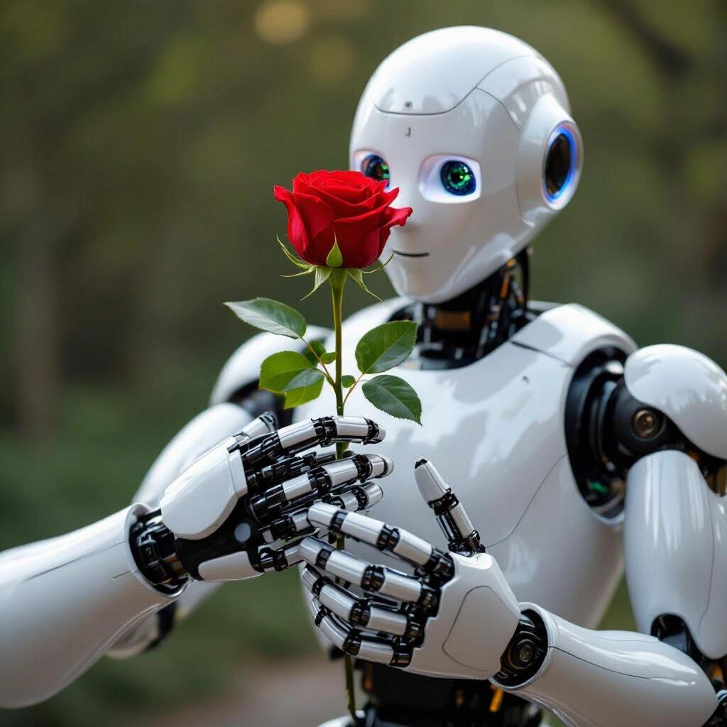 Robot holds a red rose with white and black characteristics in a natural setting.