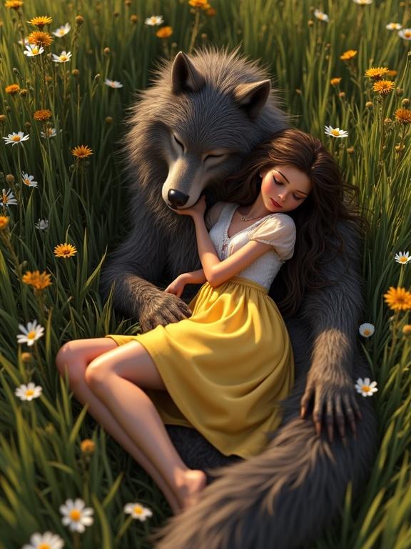 Realistic photo of Disney princess sleeping in summer meadow with a friendly werewolf. Illustrates calm companionship. The scene captures cinematic lighting and hyperrealistic details.