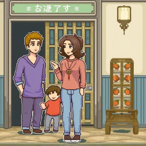 A pixel art style scene depicting a family in front of a door in a cozy environment. A man, a woman, and a small child are present. The woman gestures with her hand, while the child stands beside her. The scene is cheerful and vibrant.