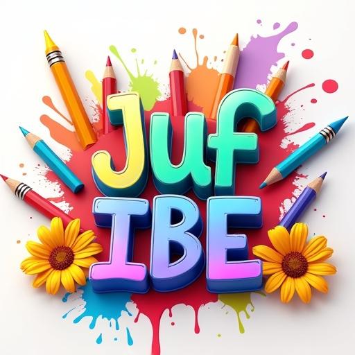 3D text Juf Ibe in colorful design with school supplies and paint splashes. Small flowers enhance the vibrant scene. Modern typography style.