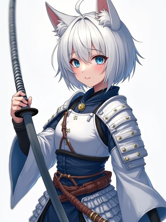Girl with wolf ears. Short white hair. Deep indigo eyes with vertical iris. Wearing beautiful white samurai armor. Holding katana. Digital art style.