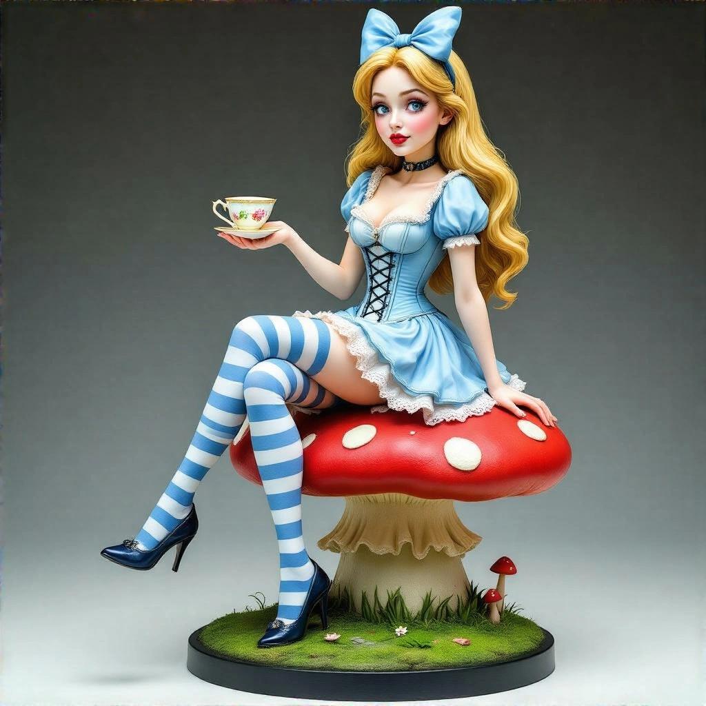 Stylized woman inspired by Alice in Wonderland. She sits on a large red mushroom with white spots. Holding a teacup in one hand. Wearing a light blue corset dress with lace and a frilly skirt. Striped blue and white stockings on her legs. Long blonde wavy hair with a big blue bow. Expression is soft and flirtatious. Standing on a circular base with green grass and small mushrooms. Elegant and playful look.