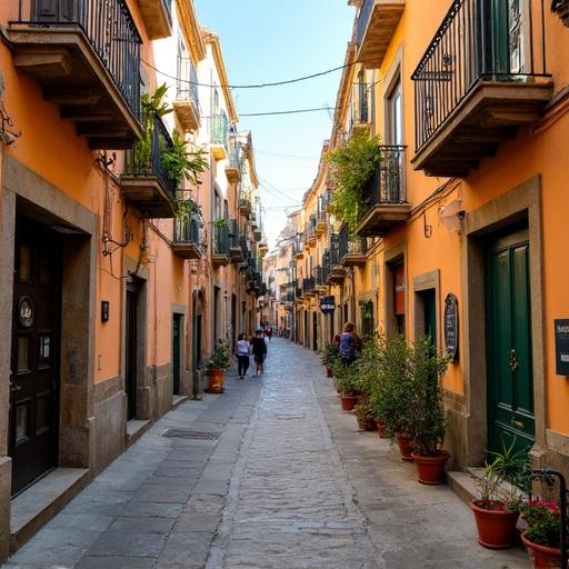 Colorful narrow streets of Positano with plant-lined balconies. People walking. Cobblestone pathway. Bright atmosphere.