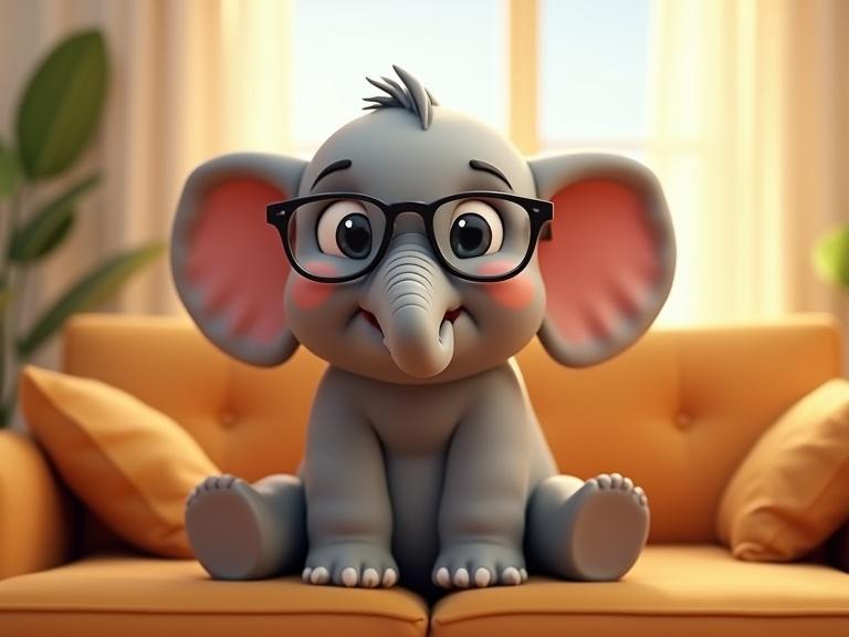A cute anthropomorphic elephant wearing glasses sits on a couch in a bright, sunny room.