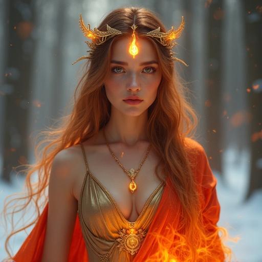 A mature female fire spirit stands with a calm and loving expression. She has high cheekbones and gentle contours. Her eyes glow with ember-orange light. A small flame sigil glows on her forehead. Her hair flows like flames in gold and amber. She wears a golden tiara shaped like a hearth. Her robe is of platinum and crimson silk, asymmetrical and elegant. She is adorned with gold and amber jewelry. A shimmering aura of flames wraps around her. The background is a snowy mystical forest. The scene is majestic and radiant. Fantasy art style, frontal view, high resolution.