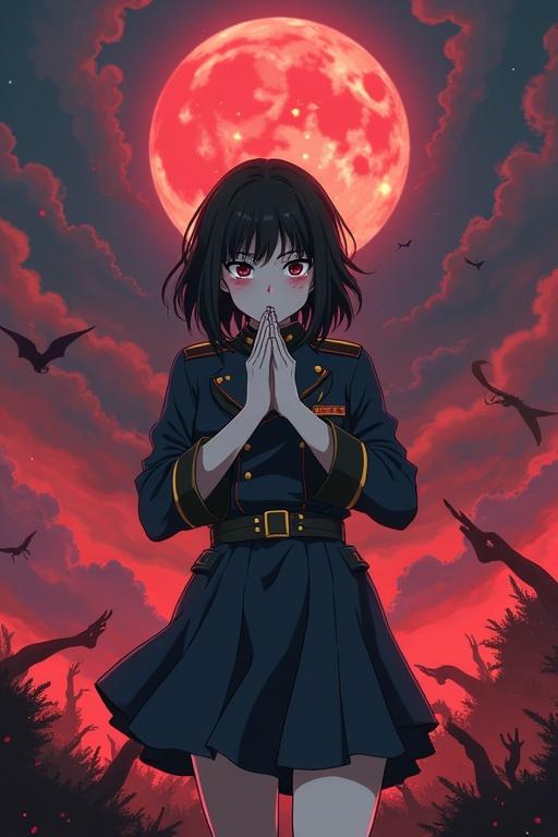 Image of a young girl in demon slayer uniform with black hair praying in battle. The background shows a full moon with bats. Characters engaging in combat with demons.