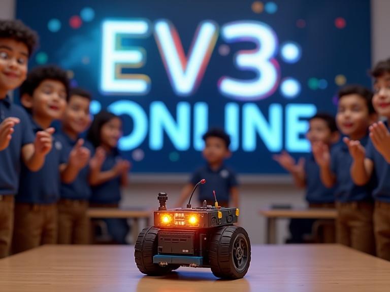 An animated classroom full of energy. A LEGO EV3 robot on the table is starting to move. A boy in a dark blue short-sleeve shirt presses the Start button. His classmates are cheering and clapping with excitement. A smart display in the background shows the words EV3: ONLINE. The scene is vibrant and colorful.