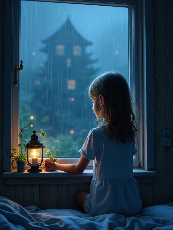 A little girl sitting at night by the window in her room watching the rain outside. Soft light from a lantern illuminates her face. A serene atmosphere with a dark exterior and cozy interior.