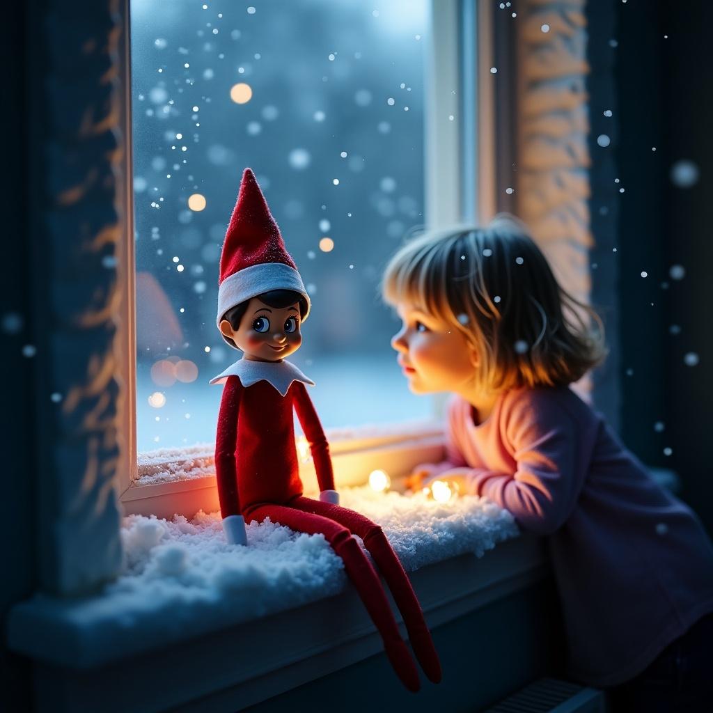 Create a cozy, magical scene that features the Elf on the Shelf sitting by a window during a snowy night. The setting should have soft, warm lights twinkling around the elf, giving it a whimsical glow. Outside the window, gentle snowfall sets a peaceful mood. A child named Lylah leans close to the window, gazing with wonder at the elf. The atmosphere should evoke feelings of holiday cheer and innocence, making it a perfect winter wonderland setting for Christmas.