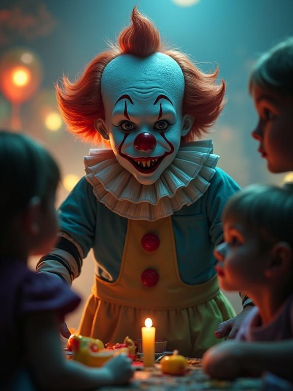 Creepy clown with exaggerated makeup and colorful wig in dimly lit children's party. Kids appear nervous around clown holding a candle. Cartoonish horror style depicted.