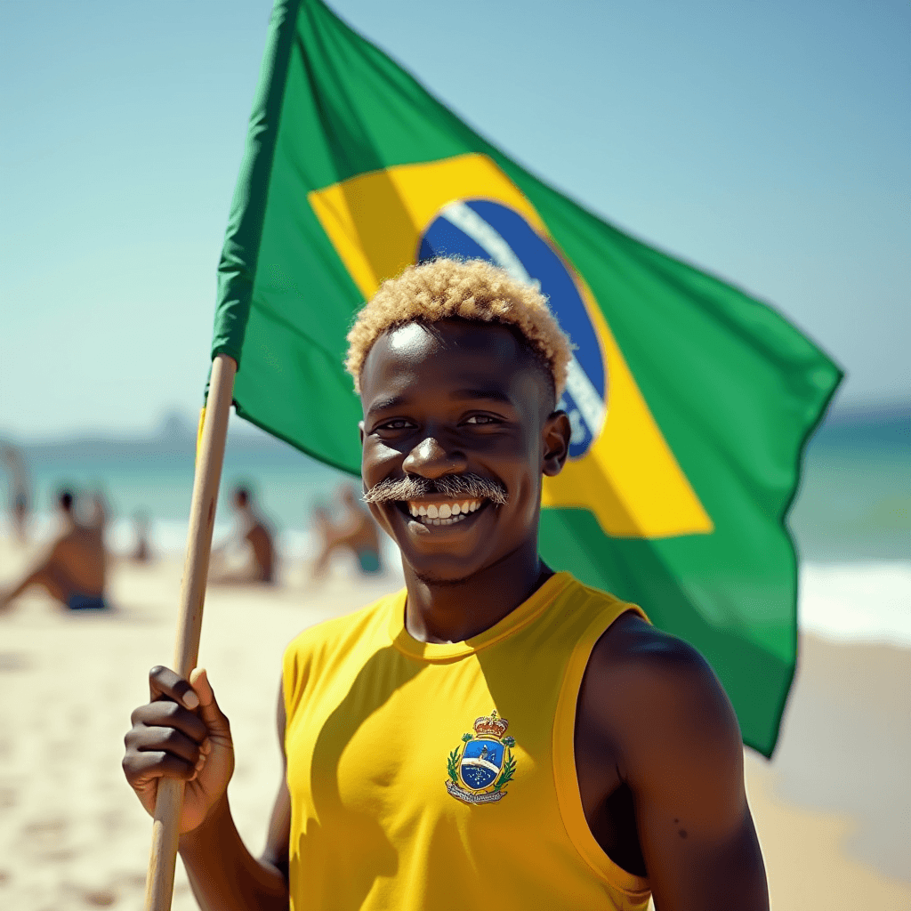 A smiling individual holds a Brazilian flag on a sunny beach.