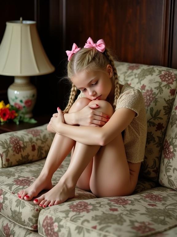 Photograph of a girl with braided blonde pigtails wearing pink bows sitting on a floral-patterned couch hugging her knees. She covers her lower body with her arms and wears a short-sleeved beige patterned top. Her bare feet with red toenail polish are visible. The couch is floral with brown and green shades. A ceramic lamp with a floral design is in the background along with a bouquet of red and yellow flowers. The camera angle is slightly above eye level. Lighting is natural and even, with a slightly blurred background. The composition follows the rule of thirds, with the subject on the right. The image has a warm, sepia-toned aesthetic.