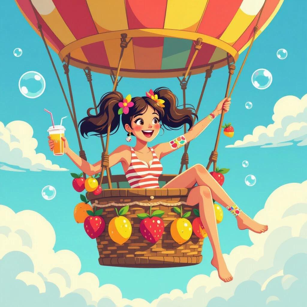 A young woman lounges in a hot air balloon basket. Fruit motifs adorn the basket. She wears a striped swimsuit and has pigtails. Colorful fruit clips are in her hair. One hand holds a drink. Bubbles drift around her in a blue sky. The scene is bright and cheerful. It embodies summer fun.