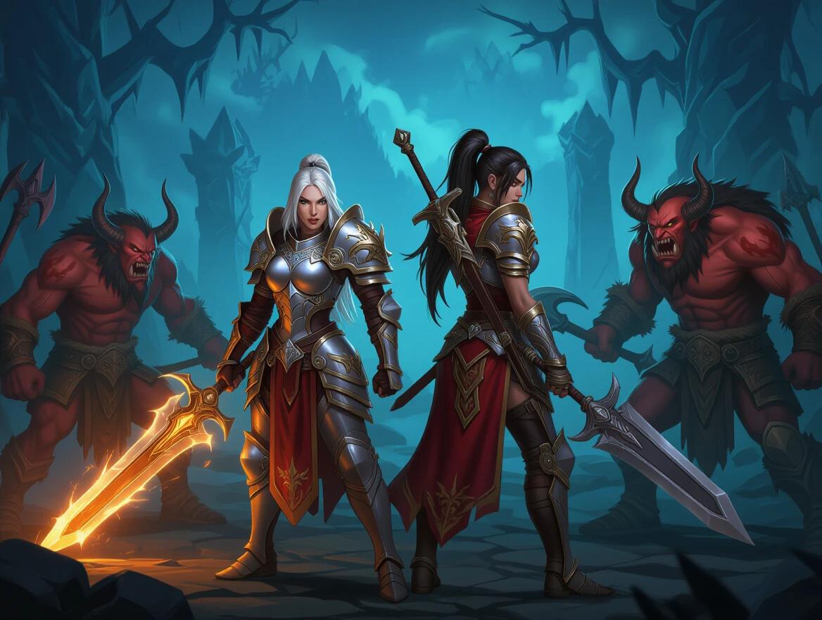 Diablo 3 features two female characters. One is a Paladin and one is a Barbarian both in armor. They stand back to back. Demons are on each side preparing to attack. Paladin emits a glowing aura.