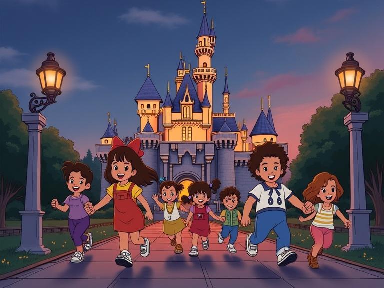 Cartoon illustration depicting joyful children running at Walt Disney World. The setting is in the 1980s showing a beautiful Disney castle. Children display excitement and happiness.